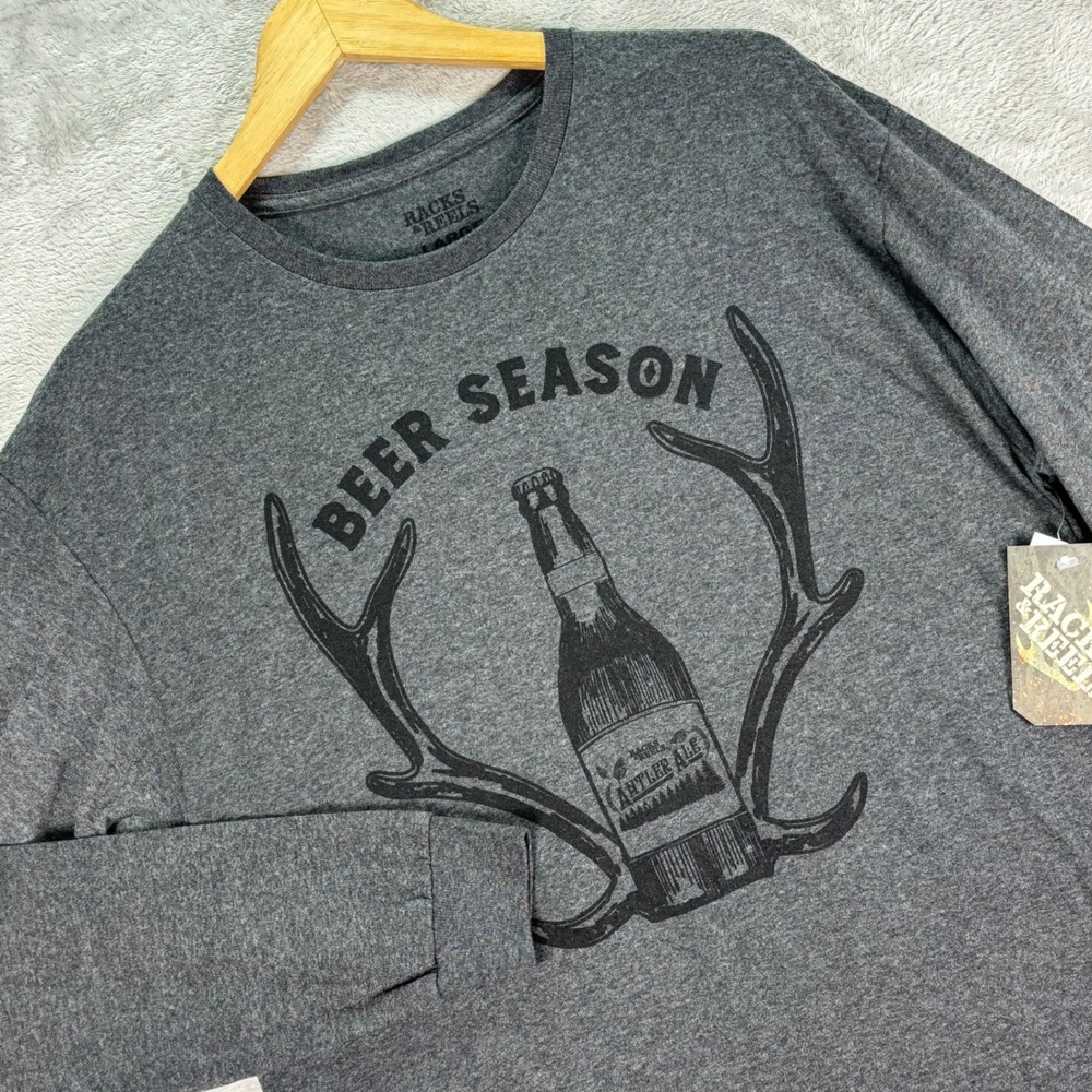 Racks & Reels‎ Men's Beer Season Long Sleeve Shirt Gray Antler Ale Graphic L NWT